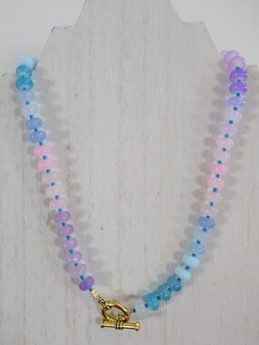 Handmade Beaded Pastel Glass Necklace - Pink, Blue & Purple - 16"